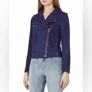 REISS Santiago Suede Suede Biker Jacket Coat 100% goat Leather navy blue US 6
